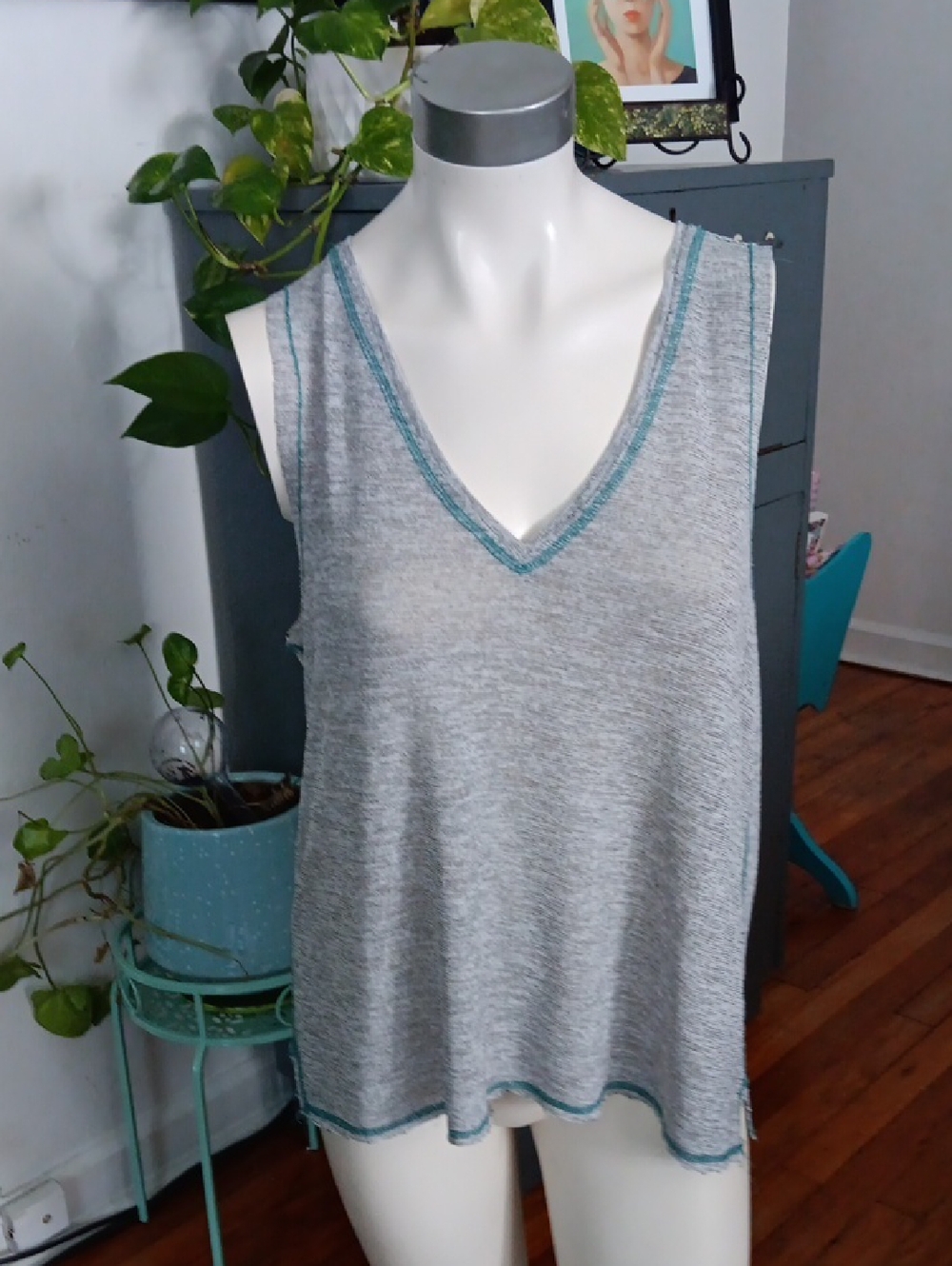 Hem & Thread Gray Tank Top with Teal Stitching